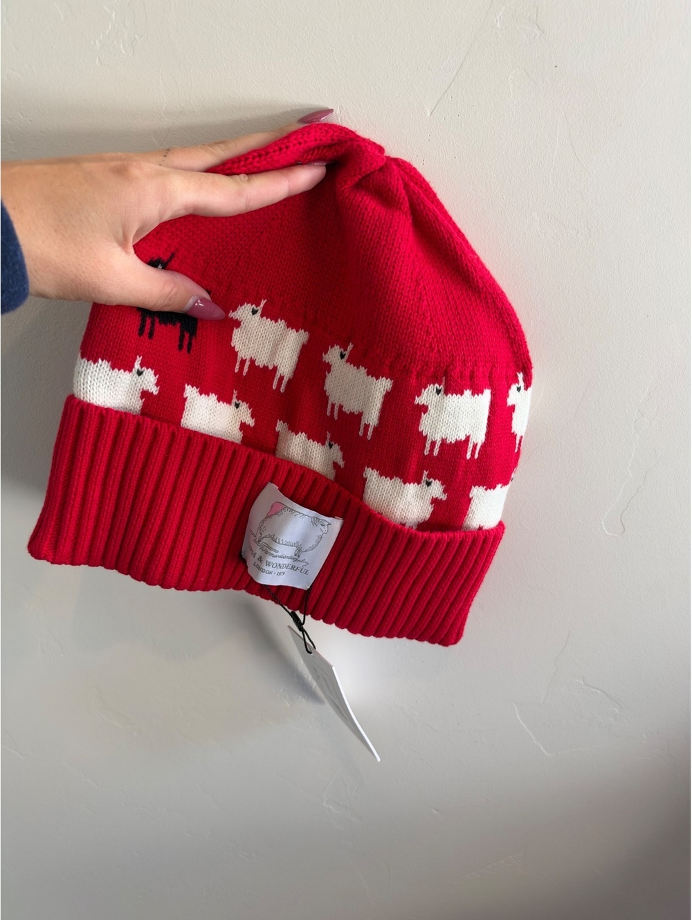 A Wonderful World Red Sheep Knit Beanie NWT Farm Animal Winter Hat